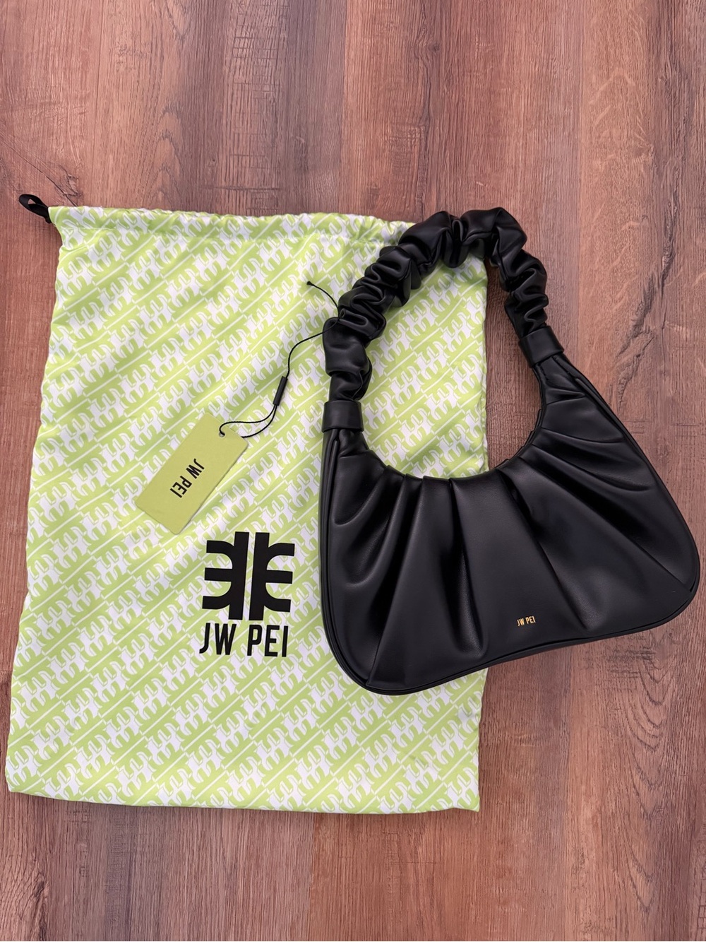 JW PEI Black Ruched Shoulder Bag with Gathered Strap